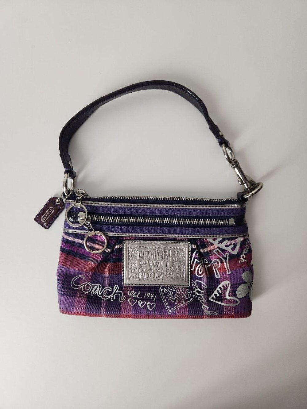 Vintage Coach Poppy Glam Graffiti Purple Tartan Plaid Wristlet mini bag